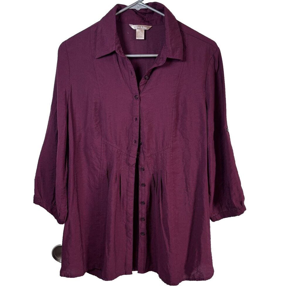 White & Stag Bordeaux Button Up 3/4 Sleeve Roll Tab Blouse Top Size Medium